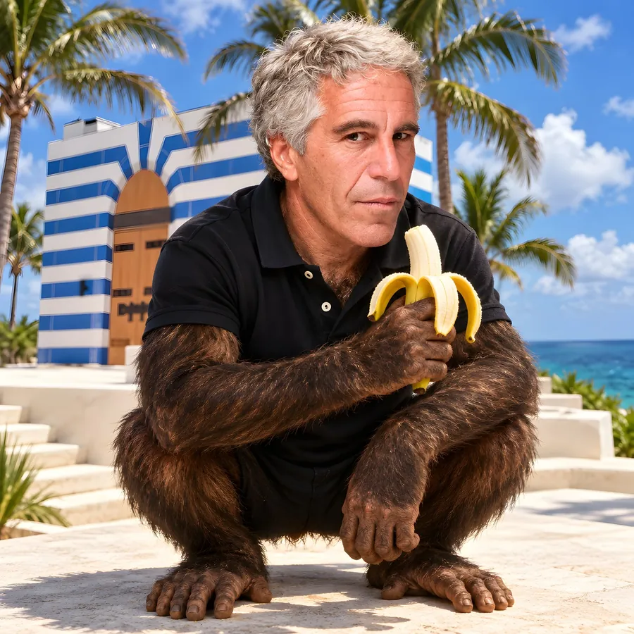 Jeffrey Apestein squatting on the island with a banana